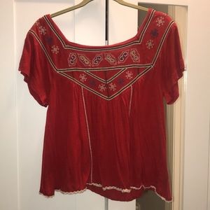 Free People Red Muse Embroidered Blouse